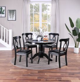 Classic Design Dining Room 5pc Set Round Table 4x side Chairs Cushion Fabric Upholstery Seat Rubberwood Black Color Furniture