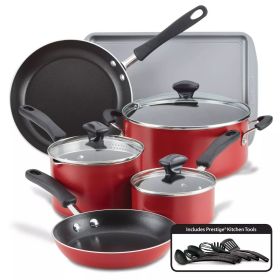 15pc Aluminum Nonstick Cookware Set with Prestige Tools Red