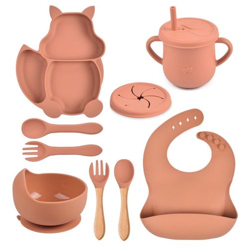 Silicone Squirrel Tableware Baby Silicone Food Supplement Set Baby Spork Integrated Silicone Plate Suit