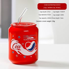 Creative Coke Bottle Ceramic Cup Fruit Cup With Straw Home Couple Gift (Option: Coke Bottle Red COCO-420ML)