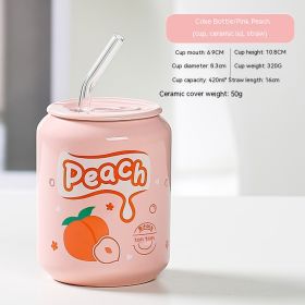 Creative Coke Bottle Ceramic Cup Fruit Cup With Straw Home Couple Gift (Option: Coke Bottle Pink Peach-420ML)
