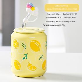 Creative Coke Bottle Ceramic Cup Fruit Cup With Straw Home Couple Gift (Option: Coke Bottle Cap Lemon-420ML)