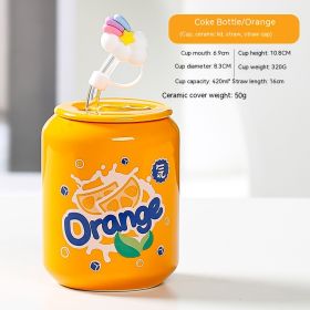 Creative Coke Bottle Ceramic Cup Fruit Cup With Straw Home Couple Gift (Option: Coke Bottle Cap Orange-420ML)