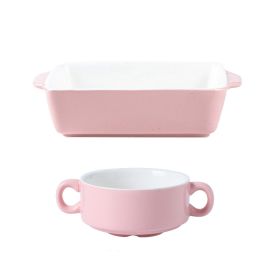 Ceramic baking bowl tableware combination set (Option: Pink-Q2 piece set)