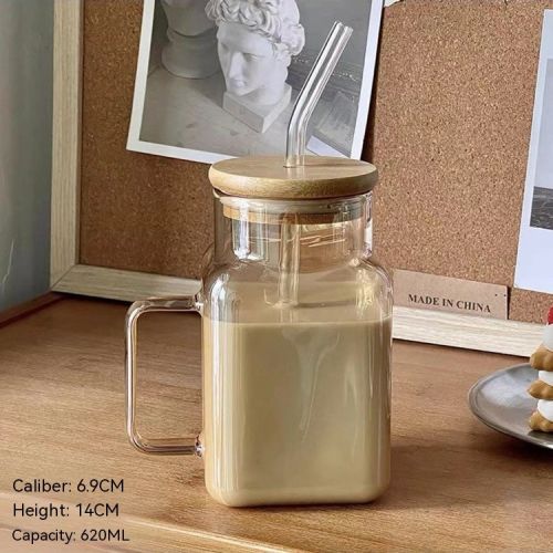Square Lid Straw Mark With Handle High Temperature Resistant Large Capacity Cute Glass