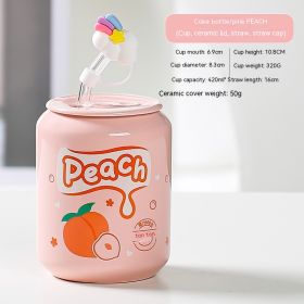 Creative Coke Bottle Ceramic Cup Fruit Cup With Straw Home Couple Gift (Option: Coke Bottle Cap Pink Peach-420ML)