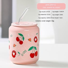 Creative Coke Bottle Ceramic Cup Fruit Cup With Straw Home Couple Gift (Option: Coke Bottle Cherry-420ML)