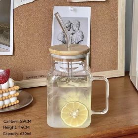 Square Lid Straw Mark With Handle High Temperature Resistant Large Capacity Cute Glass (Option: Transparent-620ml)