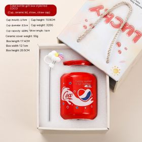 Creative Coke Bottle Ceramic Cup Fruit Cup With Straw Home Couple Gift (Option: Coke Bottle Cap COCO Gift Box-420ML)