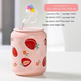Creative Coke Bottle Ceramic Cup Fruit Cup With Straw Home Couple Gift (Option: Coke Bottle Cap Strawberry-420ML)