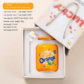 Creative Coke Bottle Ceramic Cup Fruit Cup With Straw Home Couple Gift (Option: Bottle Cap Orange Gift Box-420ML)