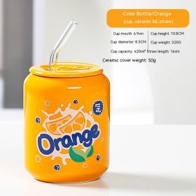 Creative Coke Bottle Ceramic Cup Fruit Cup With Straw Home Couple Gift (Option: Coke Bottle Orange Orange-420ML)