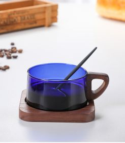Borosilicate Glass Teacup Color Creative Coffee Milk Coffee Cup With Plate American Latte Cup (Option: Blue-220ml-Wooden plate and spoon)