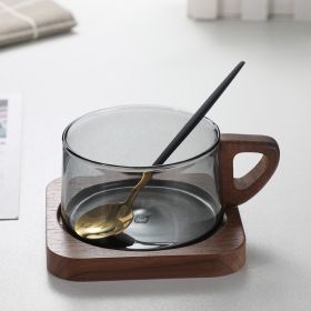 Borosilicate Glass Teacup Color Creative Coffee Milk Coffee Cup With Plate American Latte Cup (Option: Black-220ml-Wooden plate and spoon)