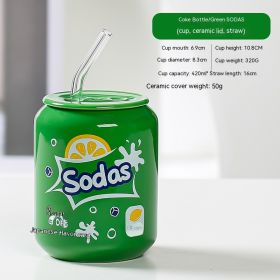 Creative Coke Bottle Ceramic Cup Fruit Cup With Straw Home Couple Gift (Option: Coke Bottle Green Sodas-420ML)