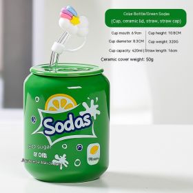 Creative Coke Bottle Ceramic Cup Fruit Cup With Straw Home Couple Gift (Option: Coke Bottle Cap Green Sodas-420ML)