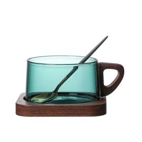 Borosilicate Glass Teacup Color Creative Coffee Milk Coffee Cup With Plate American Latte Cup (Option: AQUA-220ml-Wooden plate and spoon)