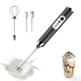 One Set Of Milk Frother Handheld USB-Rechargeable With 2pcs Stainless Whisk Heads; 3-Speed Adjustable Handheld Milk Frother For Cappuccinos; Hot Choco (Color: Black)