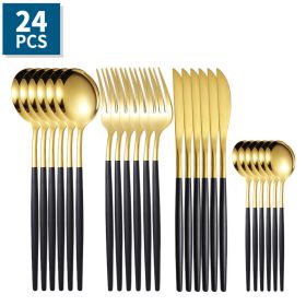 24pcs/Set Stainless Steel Cutlery; Portuguese Cutlery Spoon; Western Cutlery Set (Color: Gold + Black)