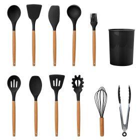 11Pcs Silicone Cooking Utensil Set Heat Resist Wooden Handle Silicone Spatula Turner Ladle Spaghetti Server Tongs (Color: Black)