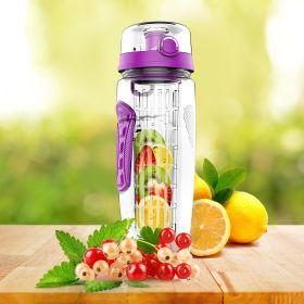 Fruit Infuser Water Bottle 32OZ Juice Shaker Sport w/ Flip Top Lid Anti-Slip Grips (Color: Purple)