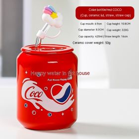 Creative Coke Bottle Ceramic Cup Fruit Cup With Straw Home Couple Gift (Option: Coke Bottle Cap Red COCO-420ML)